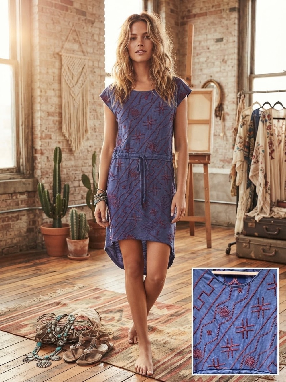 Johnny Was embroidered high-low drawstring dress